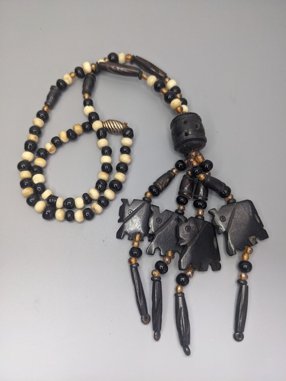Vintage Carved Elephant Pendant Beaded Necklace Tribal Style Wood Resin Jewelry